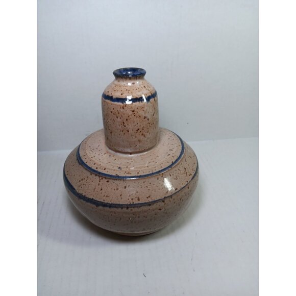 Vintage Signed Handmade Studio Art Pottery Stoneware Bud Vase Glazed Blue Beige - Picture 5 of 7